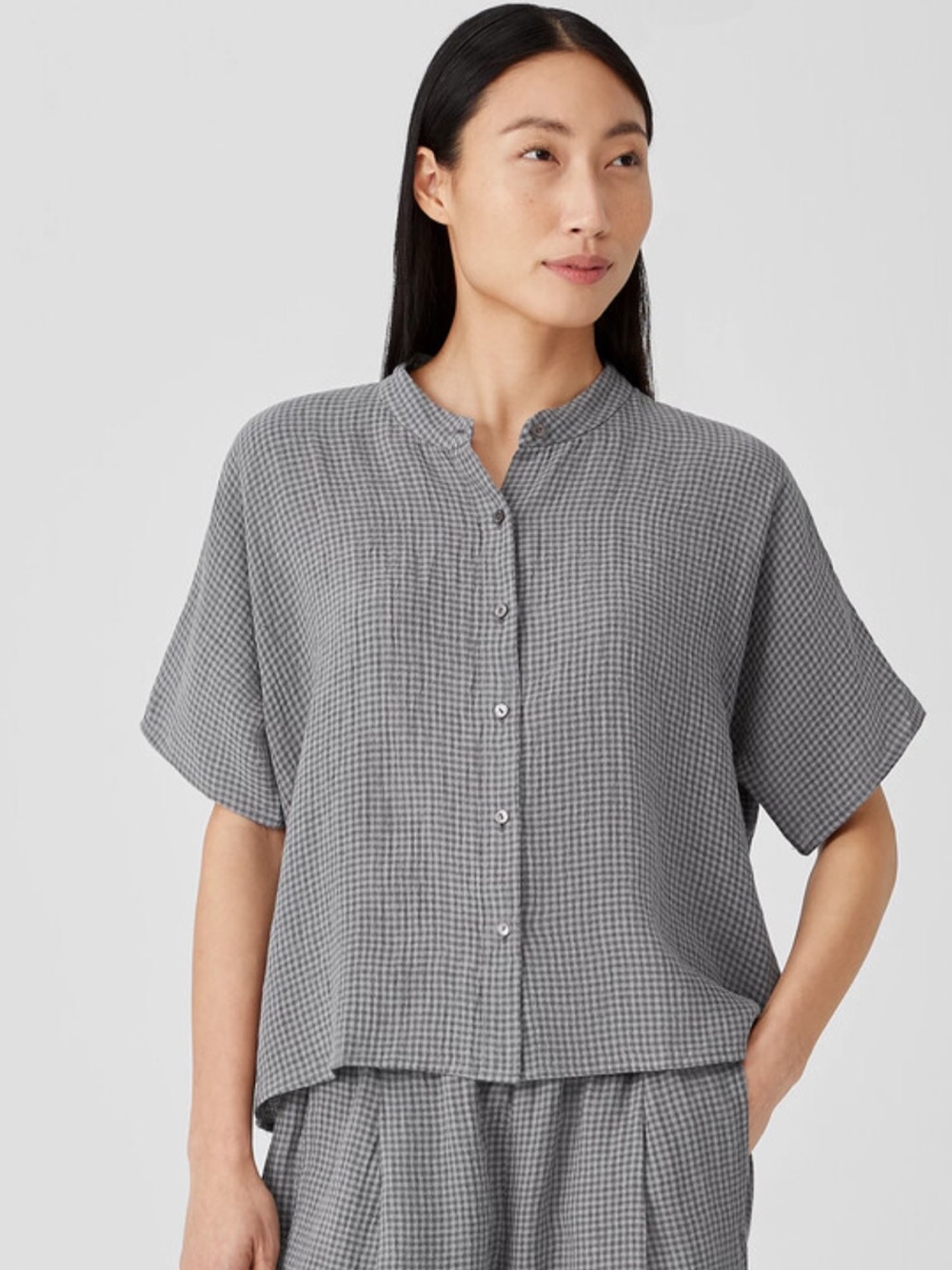 Eileen Fisher Gray Checked Puckered Linen Cropped Short Sleeve Top Size S